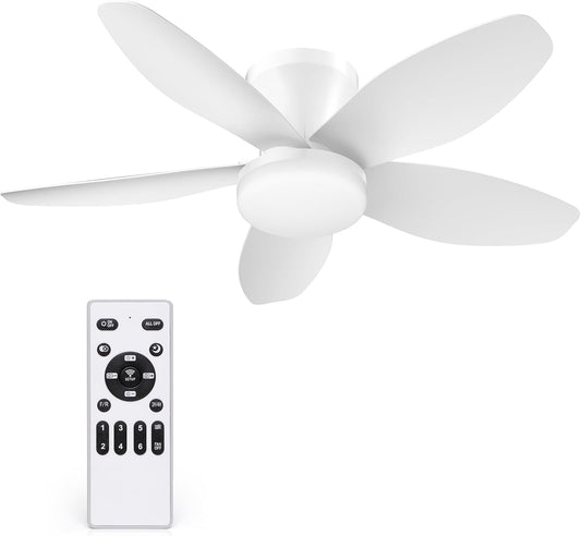 35 Inch Ceiling Fan with Lights and Remote Control, Quiet Modern Low Profile Fan Light with 6 Speeds, Dimmable LED, Reversible Blades for Bedroom Living Room Indoor/Outdoor, White