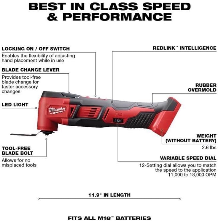 Milwaukee 2626-20 M18 18V Lithium Ion Cordless 18,000 OPM Orbiting Multi Tool with Woodcutting Blades and Sanding Pad with Sheets Included (Battery Not Included, Power Tool Only)