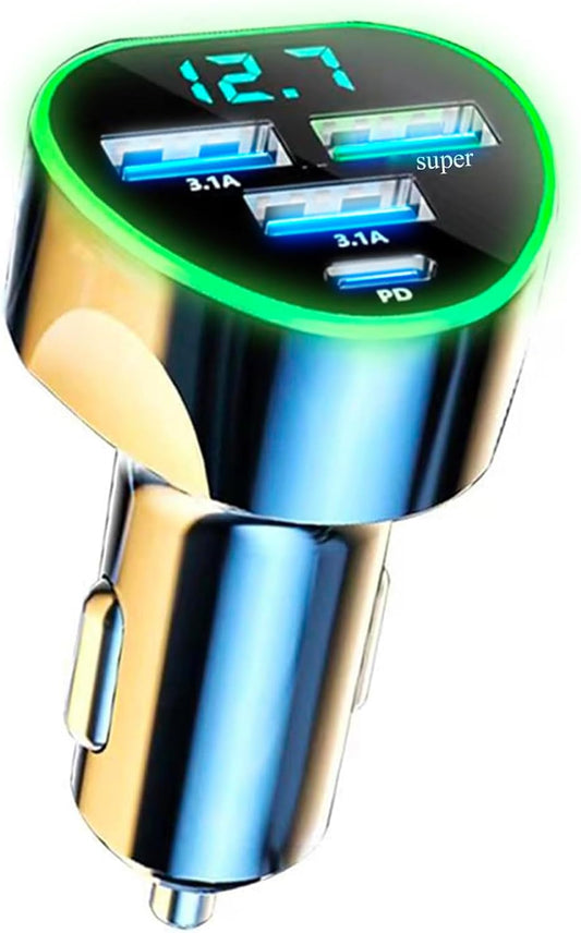 4 in 1 Multi Port USB C Car Phone Charger Adapter with Voltage Display, QC4.0/PPS/AFC Super Fast Cigarette Lighter USB Charge with Volt Meter for iPhone Galaxy Android Phones