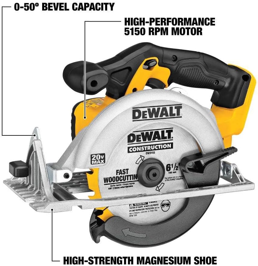 DEWALT 20V MAX Circular Saw, Cordless Sidewinder Style Portable, 6-1/2-Inch Blade, 5150 RPM, 0-50 Degree Bevel Capability, Battery Not Included (DCS391B)