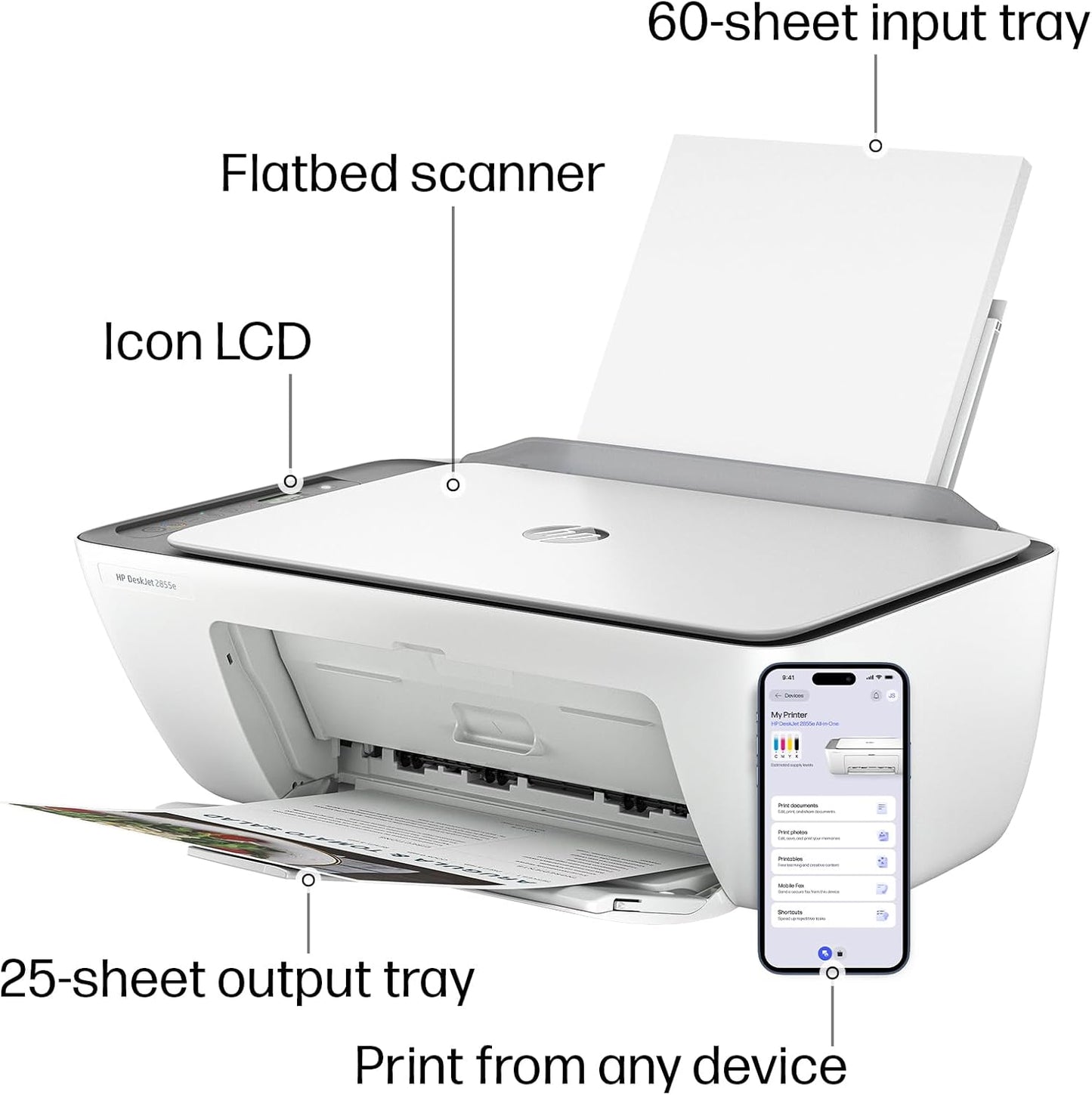 HP DeskJet 2855e Wireless All-in-One Color Inkjet Printer, Scanner, Copier, Best-for-home, 3 month Instant Ink trial included, AI-enabled (588S5A)