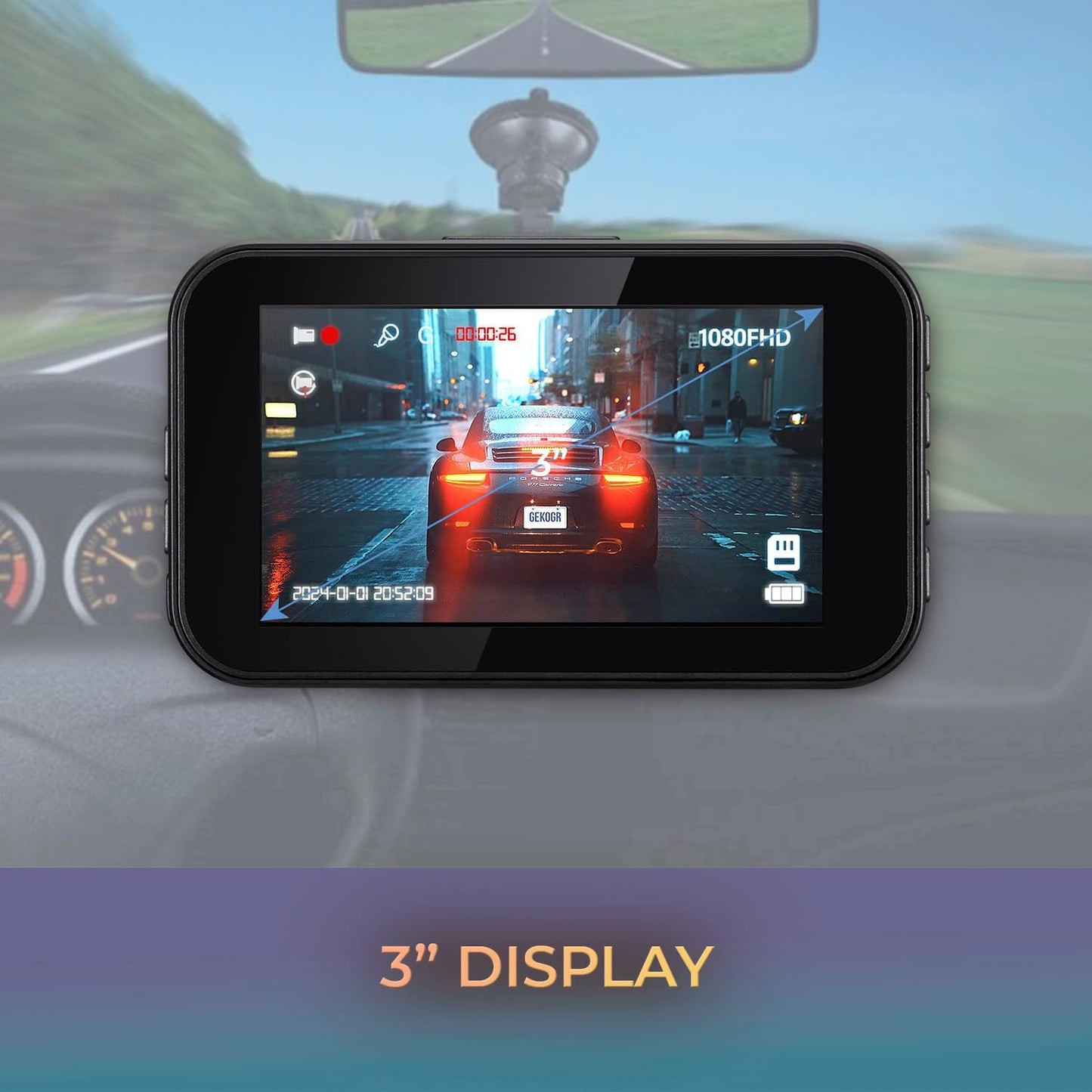 Orbit D111 1080P Full HD Dash Cam with 3" Display, G-Sensor, Loop Recording, 140° Wide-Angle Lens, Supports up to 64GB MicroSD, Compact Design
