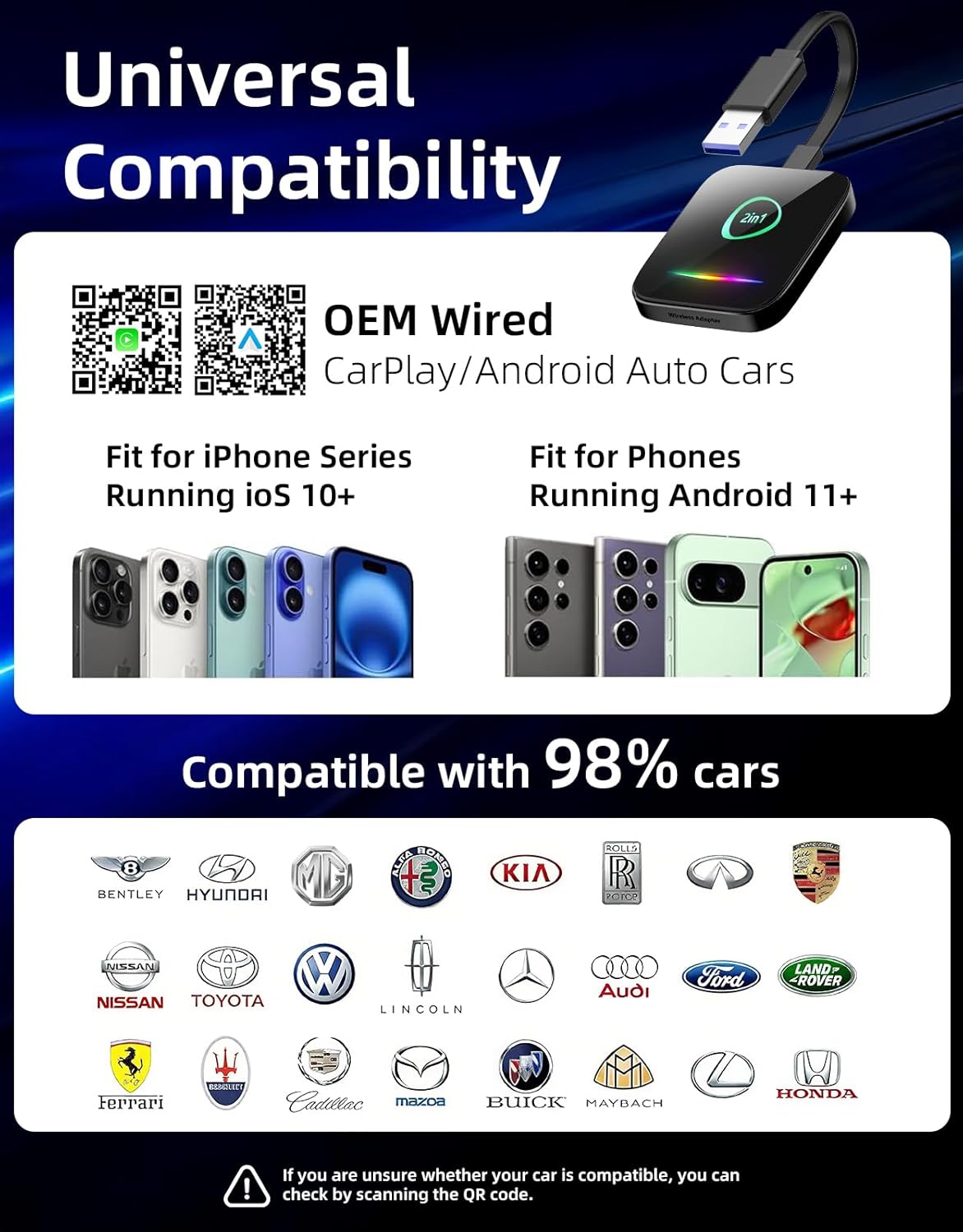 Wireless CarPlay Adapter & Android Auto Dongle – Plug & Play, Converts Wired to Wireless, Fast & Stable Connection, Compatible with iPhone iOS 10+, Android 11+ & 800+ Car Models (2016 & Newer)