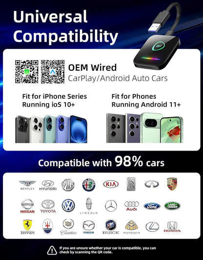 Wireless CarPlay Adapter & Android Auto Dongle – Plug & Play, Converts Wired to Wireless, Fast & Stable Connection, Compatible with iPhone iOS 10+, Android 11+ & 800+ Car Models (2016 & Newer)
