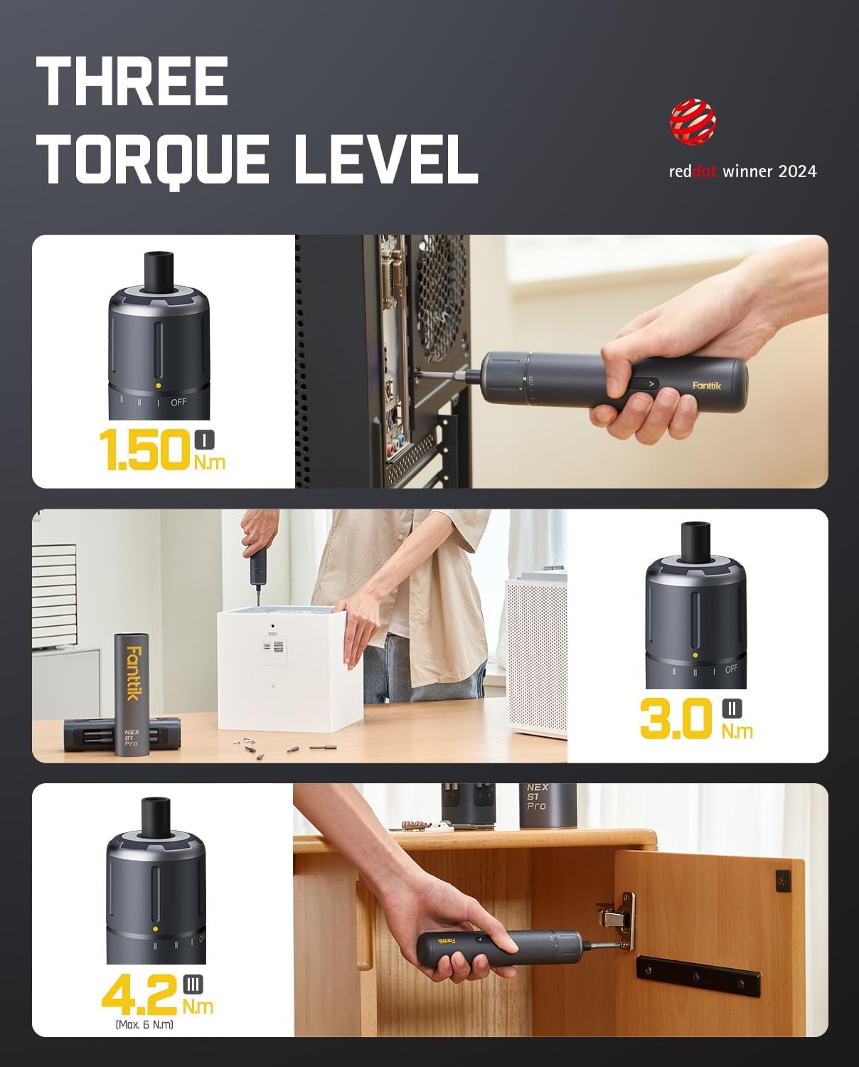 Fanttik S1 Pro Electric Screwdriver, Power Screwdriver with16 S2 Steel Bits, 3 Torque Settings, Max 6 N.m, 2000mAh Battery, LED Light & 1/4''Hex, Ideal Tool for Furniture & Gaming PC