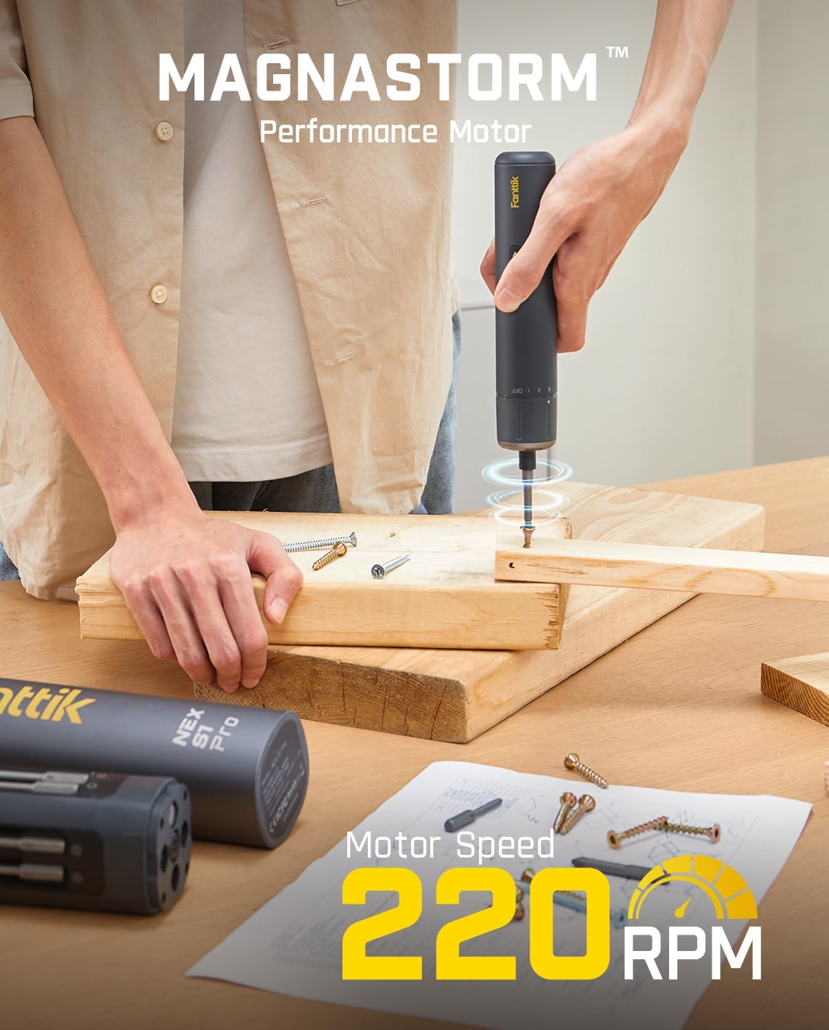 Fanttik S1 Pro Electric Screwdriver, Power Screwdriver with16 S2 Steel Bits, 3 Torque Settings, Max 6 N.m, 2000mAh Battery, LED Light & 1/4''Hex, Ideal Tool for Furniture & Gaming PC