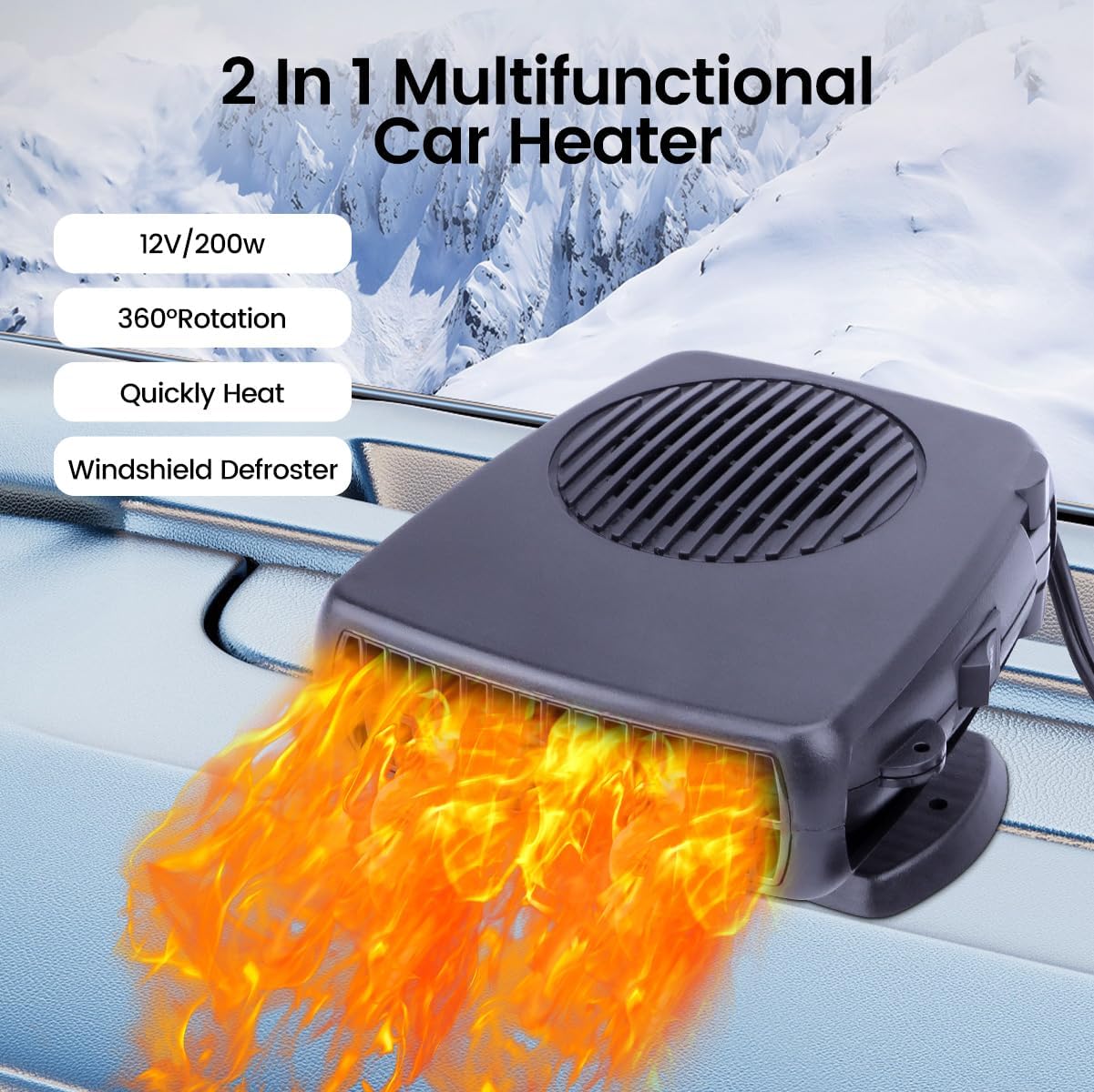 Car Heater, Portable Electronic Auto Fan Heater 12V 200W 2 in 1 Heating/Cooling Function Fast Heating Car Defrost Defogger For All 12V Car