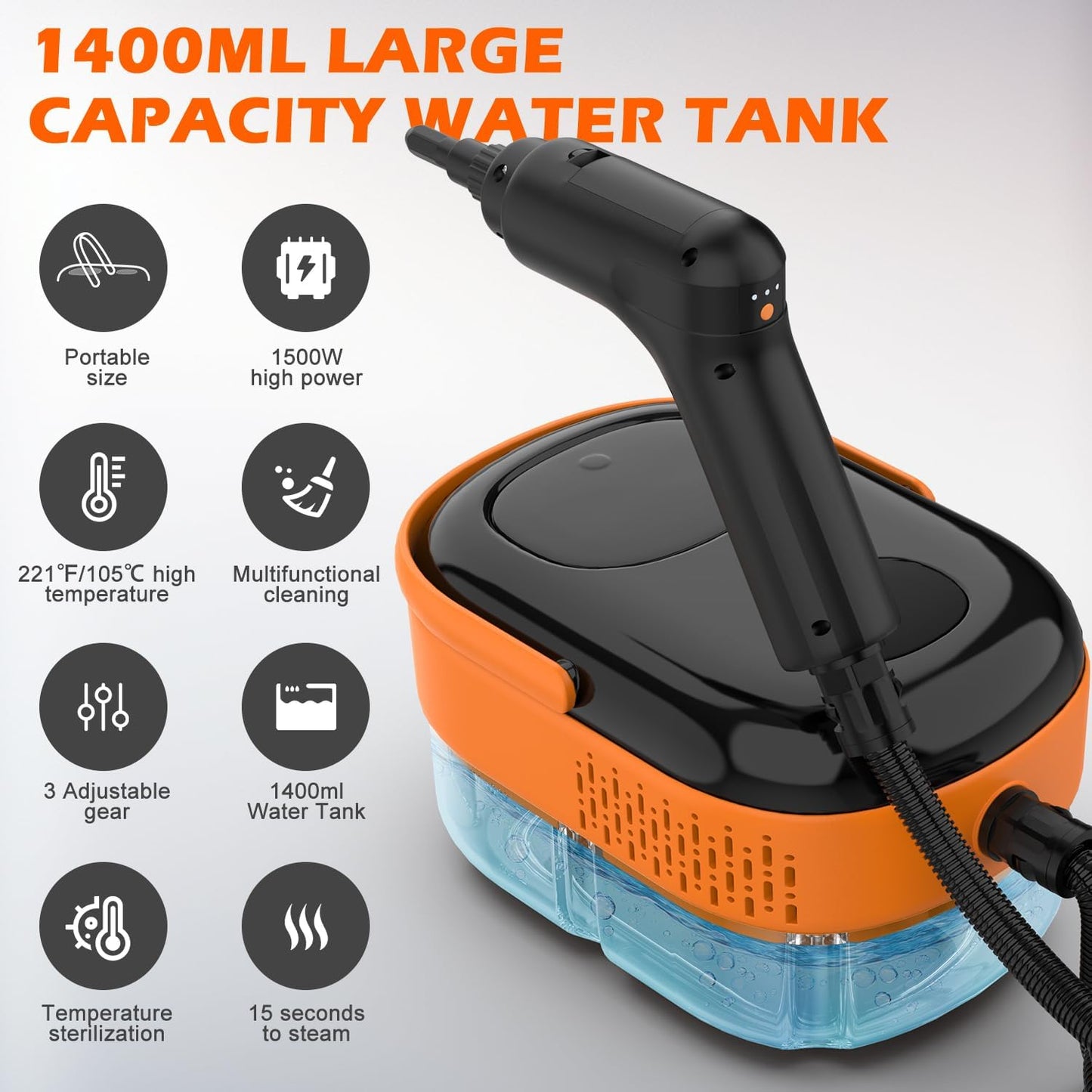Steam Cleaner for Home & Car-Portable Handheld Steamer for Cleaning with 3-Level Handle, 15s Heat-Up, Large Tank, 16 Accessories - Clean Grease, Grout, Tile, Floor, Couch, Dirt, Furniture
