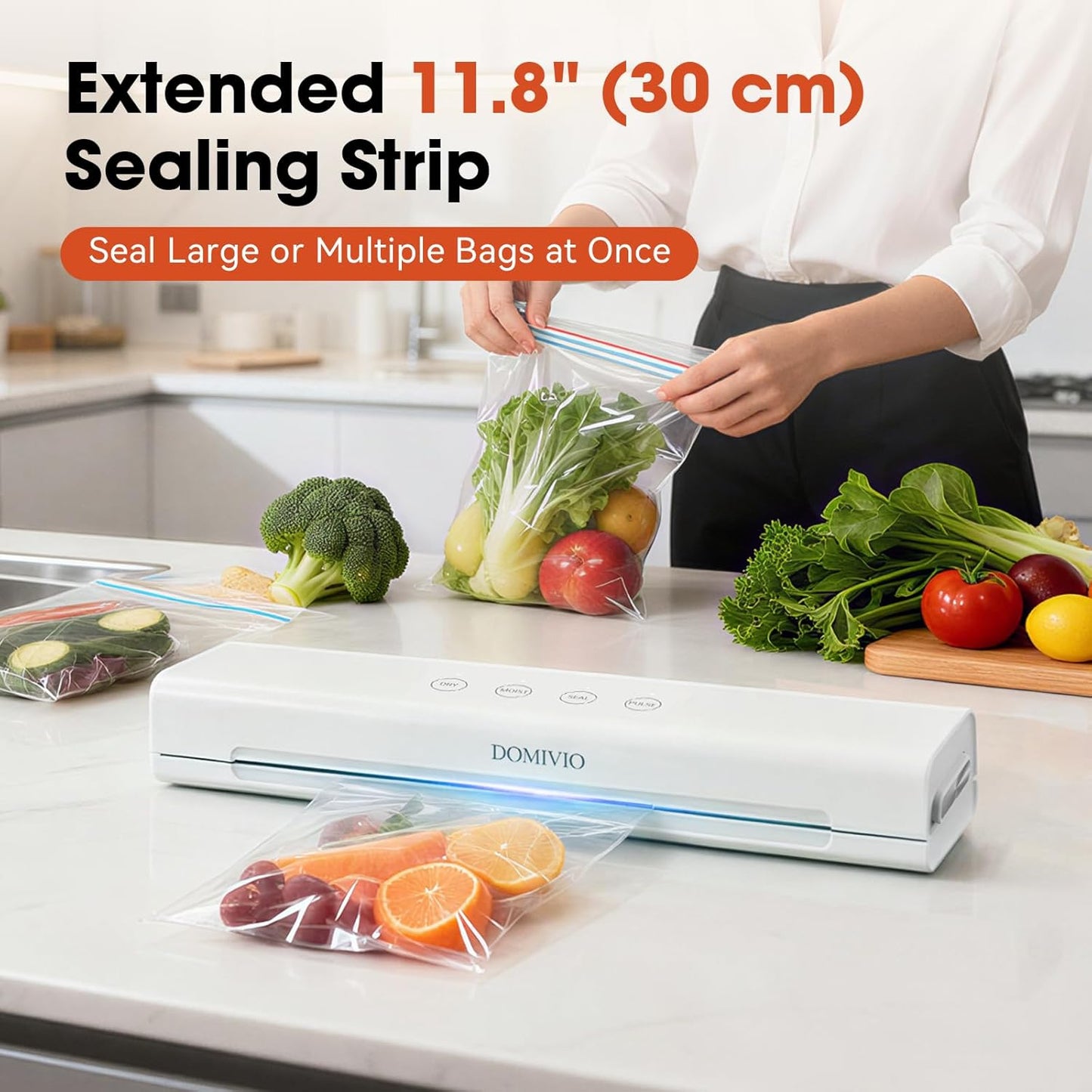 Vacuum Sealer Machine for Food, 4-in-1 Food Saver with 20 Vacuum Sealer Bags (20x30cm) – Dry & Moist Modes, Fast Food Sealing Machine for Freshness & Storage, Compact Design for Home Kitchen (White)