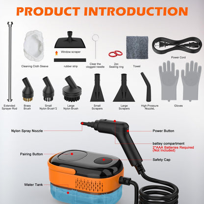 Steam Cleaner for Home & Car-Portable Handheld Steamer for Cleaning with 3-Level Handle, 15s Heat-Up, Large Tank, 16 Accessories - Clean Grease, Grout, Tile, Floor, Couch, Dirt, Furniture