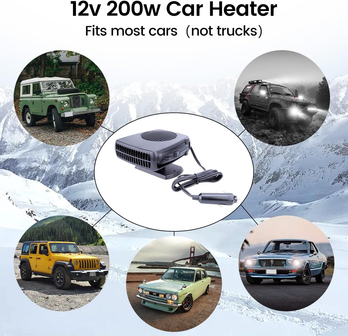 Car Heater, Portable Electronic Auto Fan Heater 12V 200W 2 in 1 Heating/Cooling Function Fast Heating Car Defrost Defogger For All 12V Car