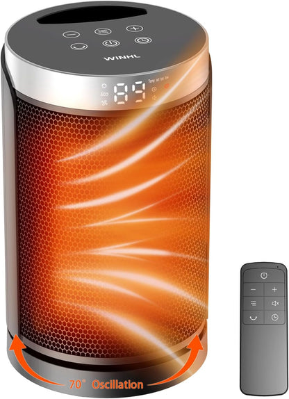 Space Heater, WINHL Small Portable Electric Heaters for Indoor Use with Thermostat and Remote, 70°Oscillation, 12H Timer, 5 Modes, 1500W PTC Ceramic Fast Safety Heat for Office Bedroom Home