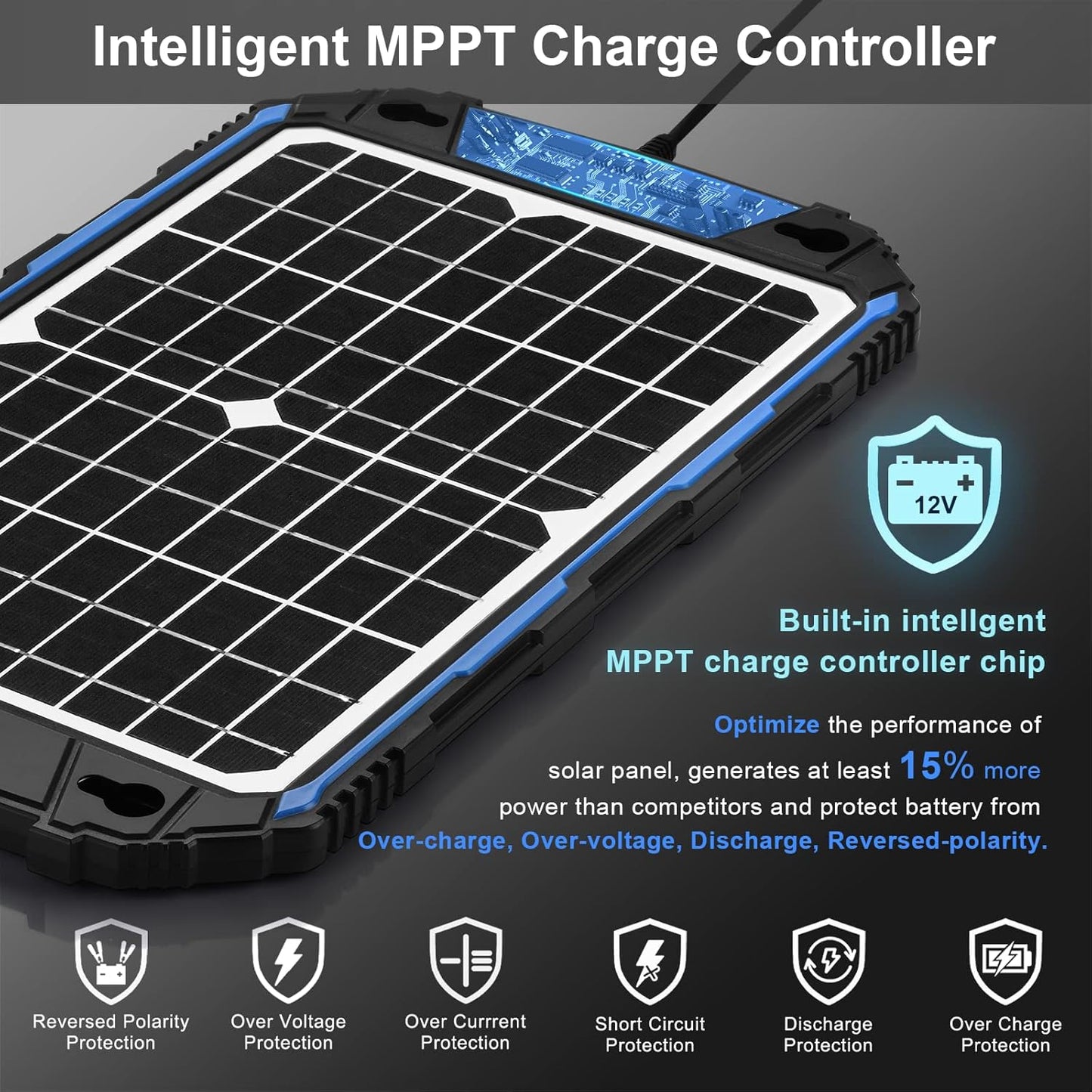UNER POWER Waterproof 12W 12V Solar Battery Charger & Maintainer Pro, Built-in UltraSmart MPPT Charge Controller, 12 Volt Solar Panel Trickle Charging Kits for Car Automotive Boat Marine RV Trailer