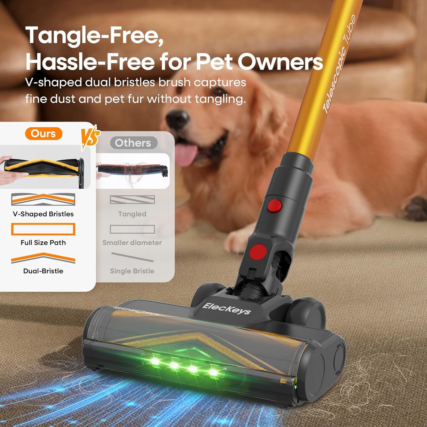 ElecKeys Cordless Vacuum Cleaner, 600W 50KPA 70Mins Self-Standing Vacuum Cleaners for Home, Stick Vacuum with Touch Screen, Upgraded Anti-Tangled Vacuum Cordless for Pet Hair, Floors, Carpets, Gold